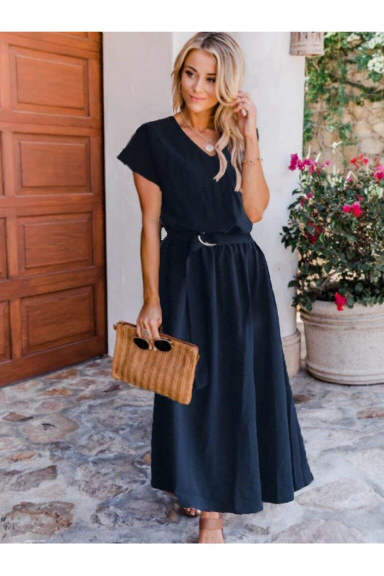 Ruched V-Neck Cap Sleeve Dress